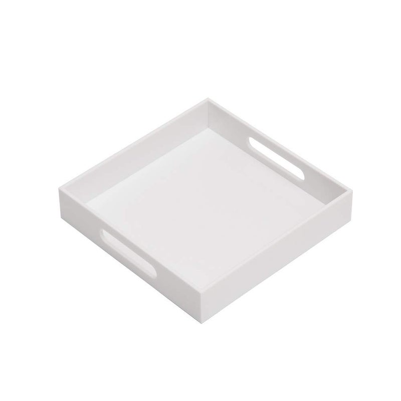 KEVLANG Glossy White Sturdy Acrylic Serving Tray with Handles-10x10Inch-Serving Coffee,Appetizer,Breakfast,Butler-Kitchen Countertop-Makeup Drawer Organizer-Vanity Table,Ottoman Tray-Decorative Tray - Image 1
